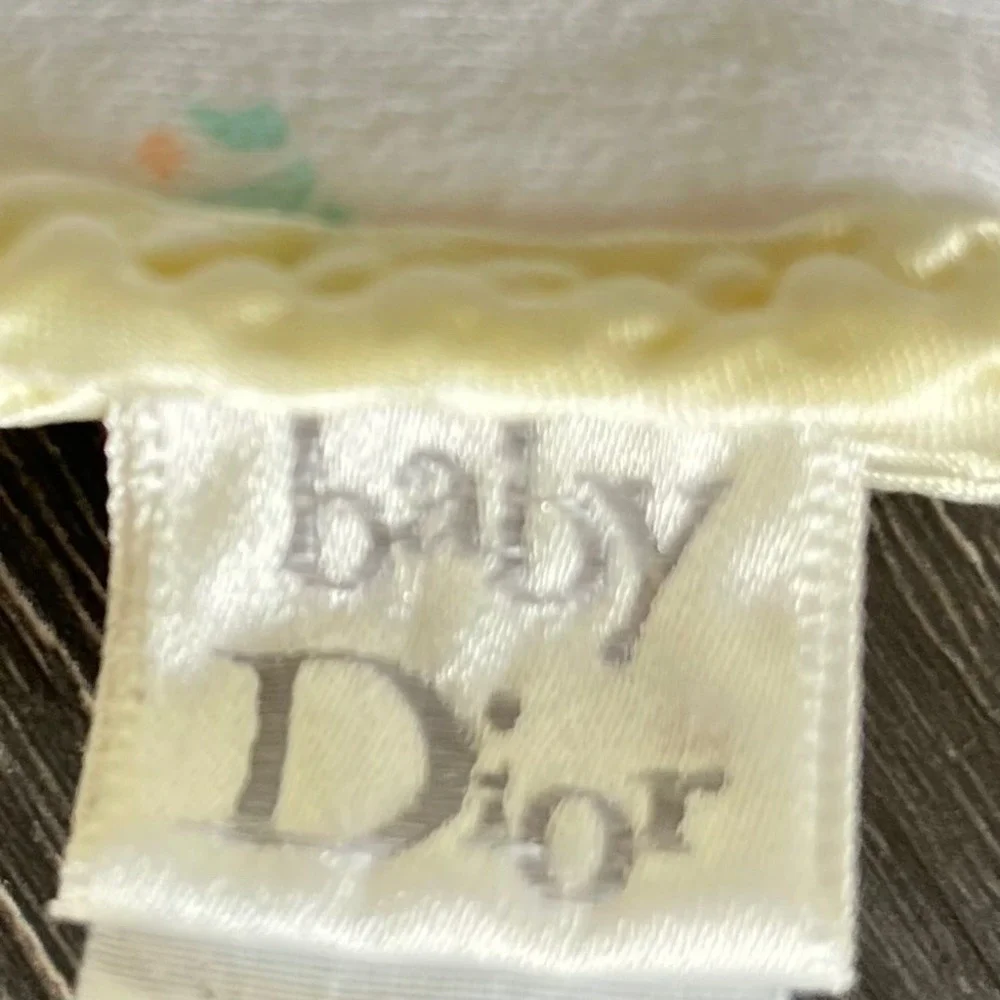 Vintage Baby Dior Sheep Print Blanket White Satin Trim 28x28 Unisex Nursery Soft